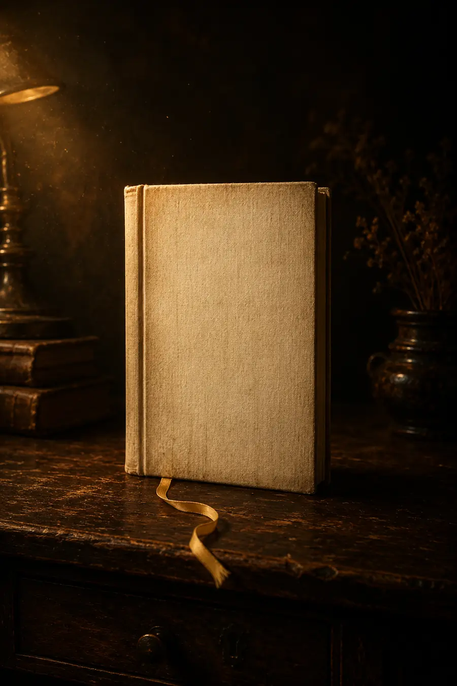 A parchment-cloth hardcover book with a golden ribbon bookmark, standing upright in warm lamplight — the memoir that arrives at your door