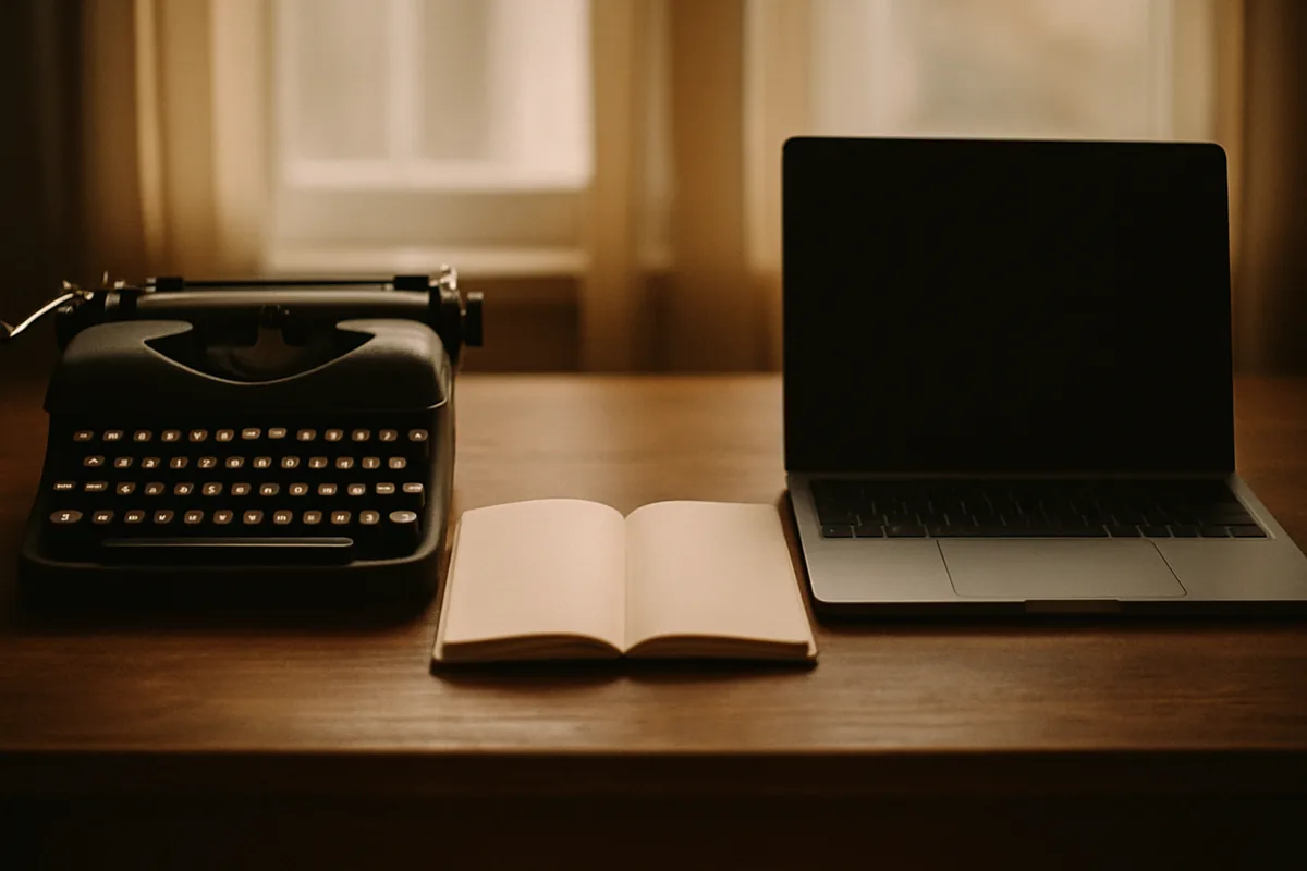 A vintage typewriter and a laptop sitting side by side on a wooden desk, with a blank notebook between them