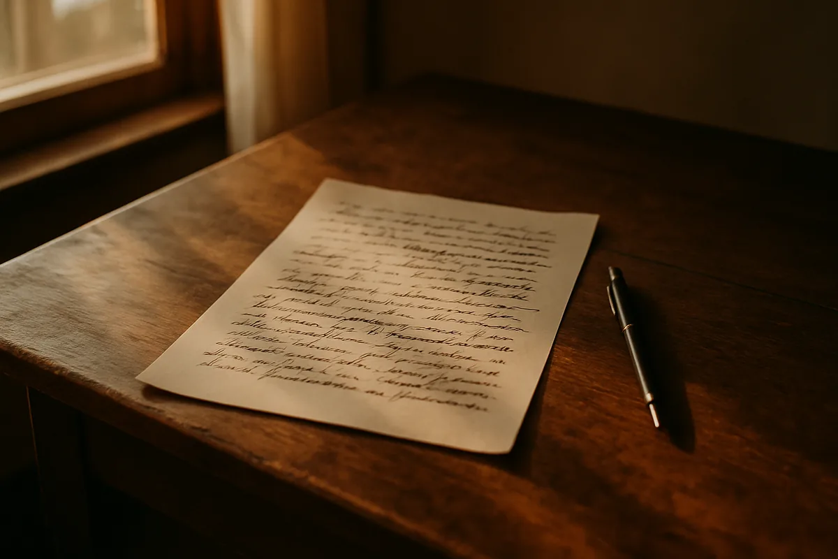 A single manuscript page with handwritten edits, lit by soft afternoon light on a wooden desk