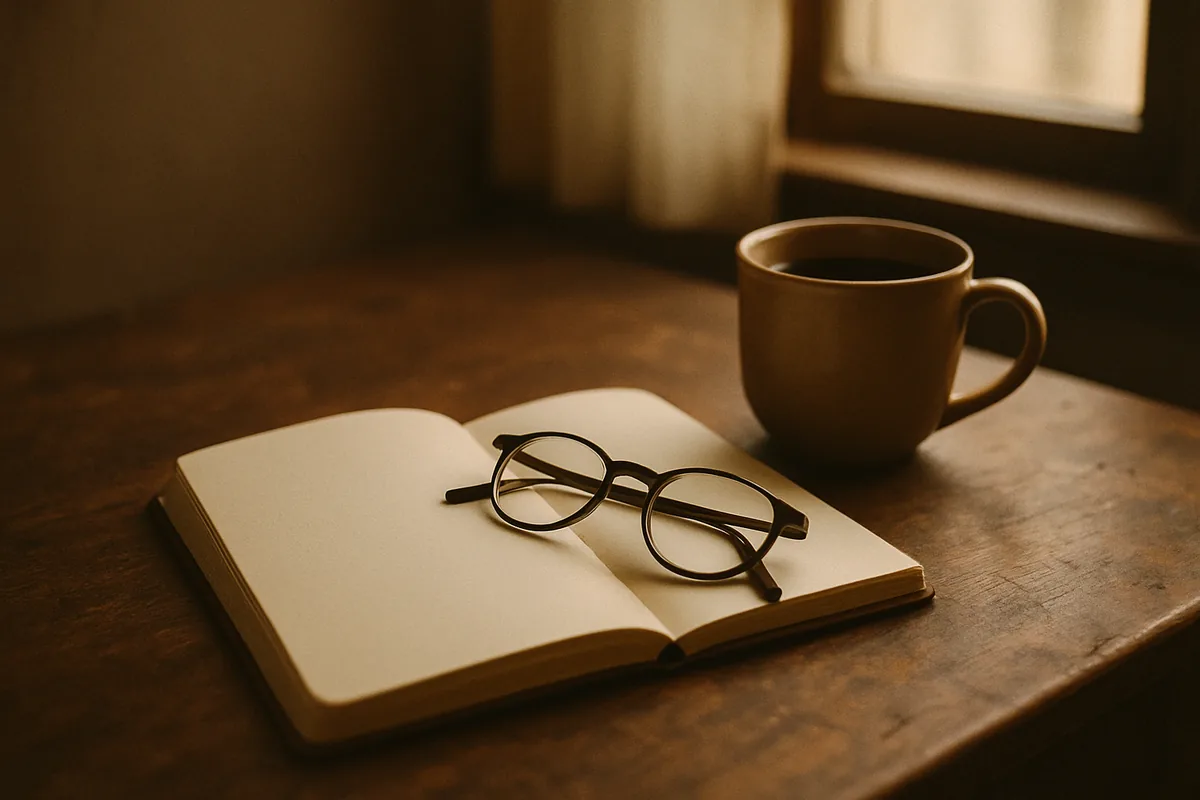 An open blank notebook beside a pair of reading glasses and a cup of coffee on a wooden desk