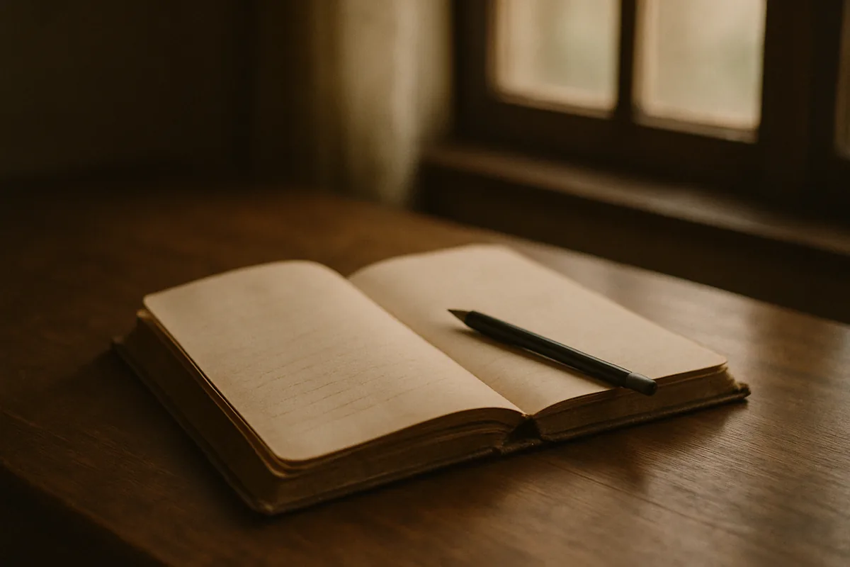 A worn leather journal open on a wooden table beside a cup of tea and soft morning light