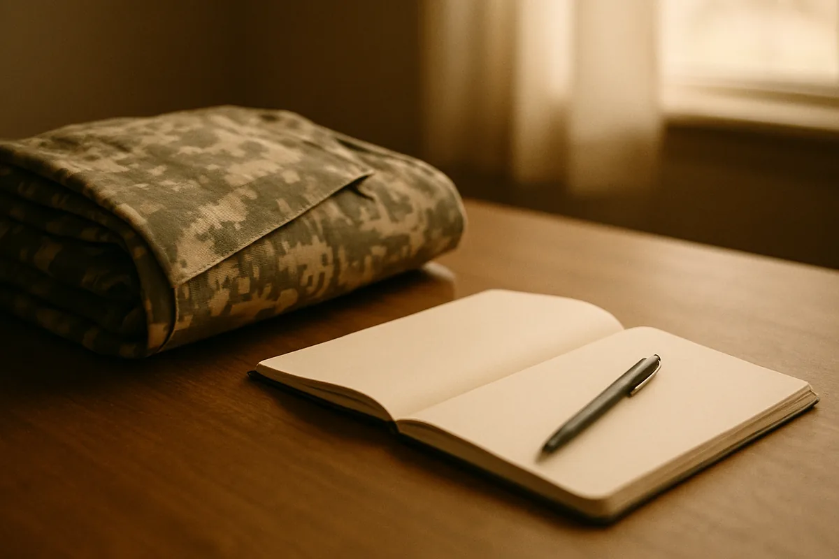 A folded military uniform beside an open blank notebook on a wooden table