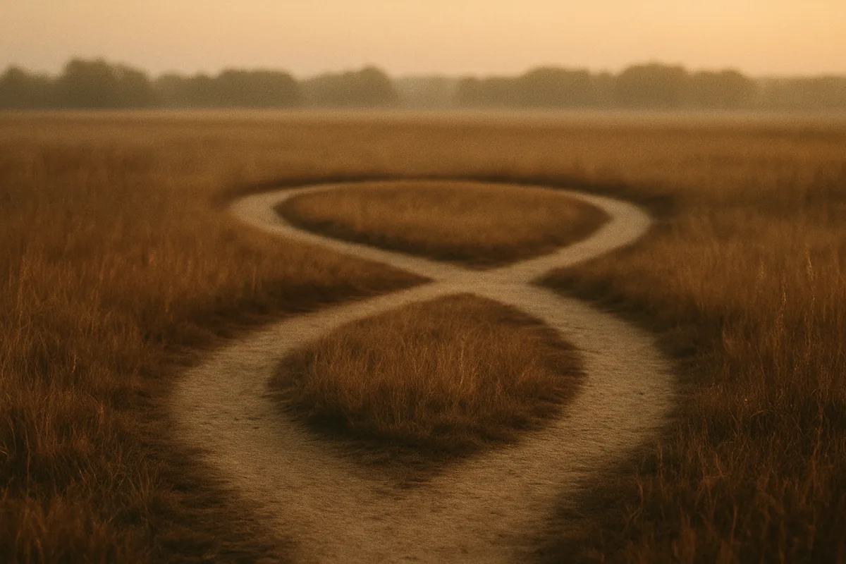 A single worn path looping through tall grass under soft morning light