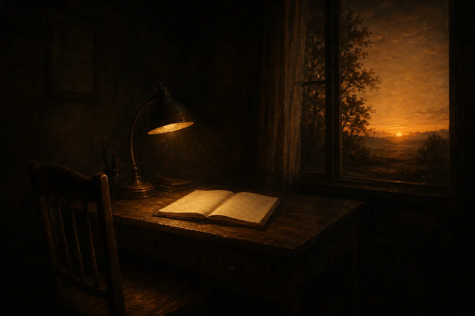 An empty chair beside a lamplit desk with an open notebook, the first light of dawn breaking through the window