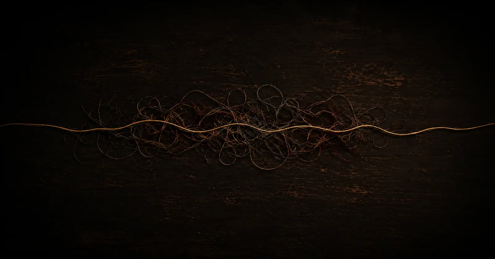 One golden thread running clean through a tangle of faded threads on a dark wooden desk — the hidden pattern in a life's chaos
