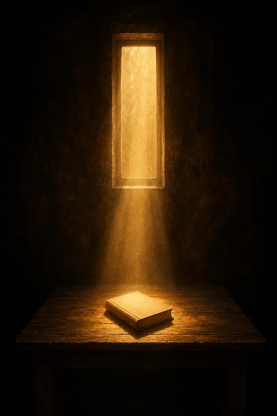 Warm golden light falling through a tall narrow window onto a closed book resting on a simple wooden table