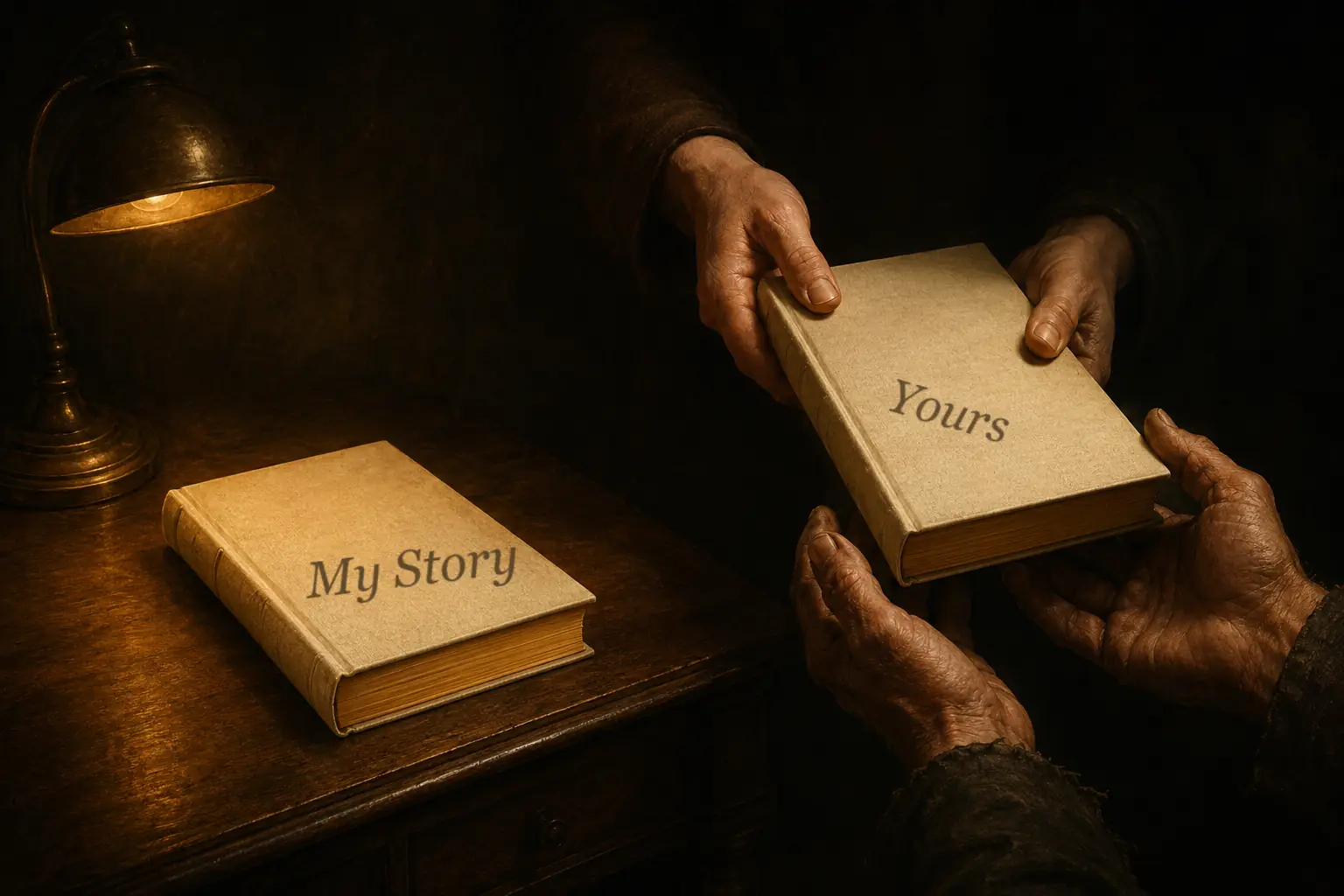A hardcover book passed from one pair of hands into another, work-worn pair in lamplight — one story given for every story written