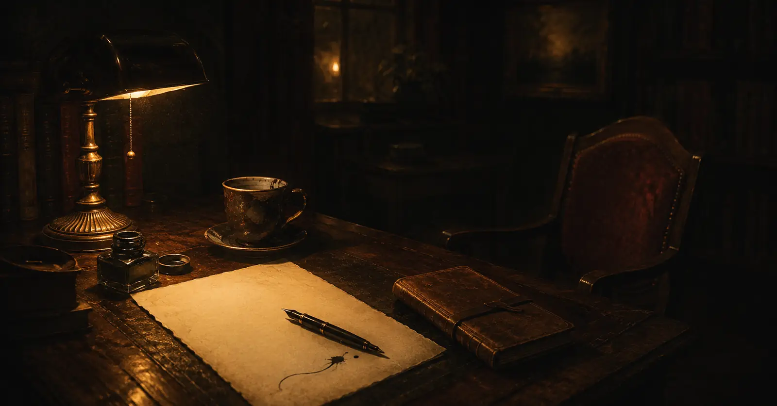 A memoir writer's desk in warm lamplight — blank parchment page, fountain pen, and a leather journal beside an empty chair