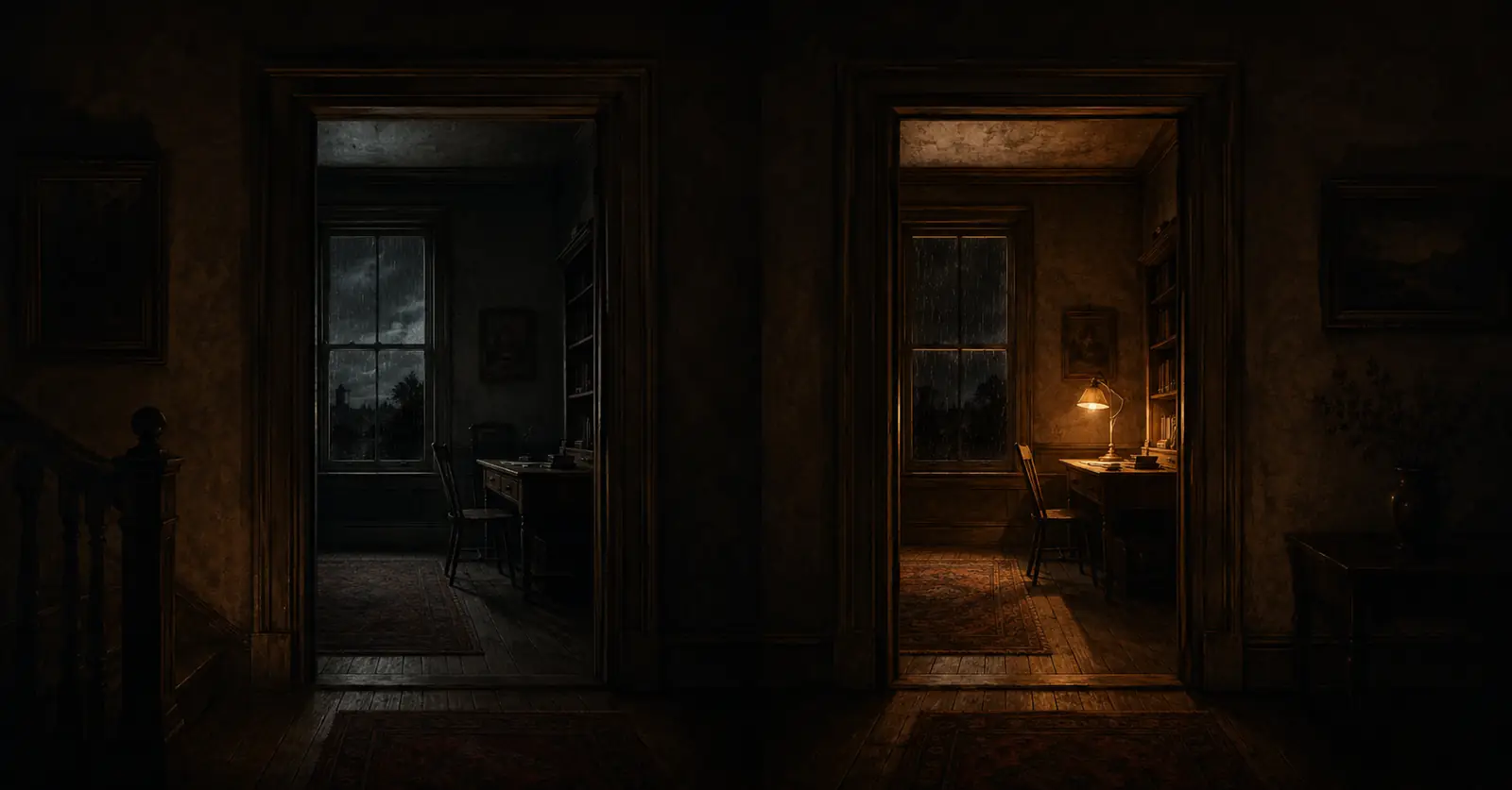 Two rooms of the same dark house at night — one cold and storm-lit, the other warmed by a single desk lamp