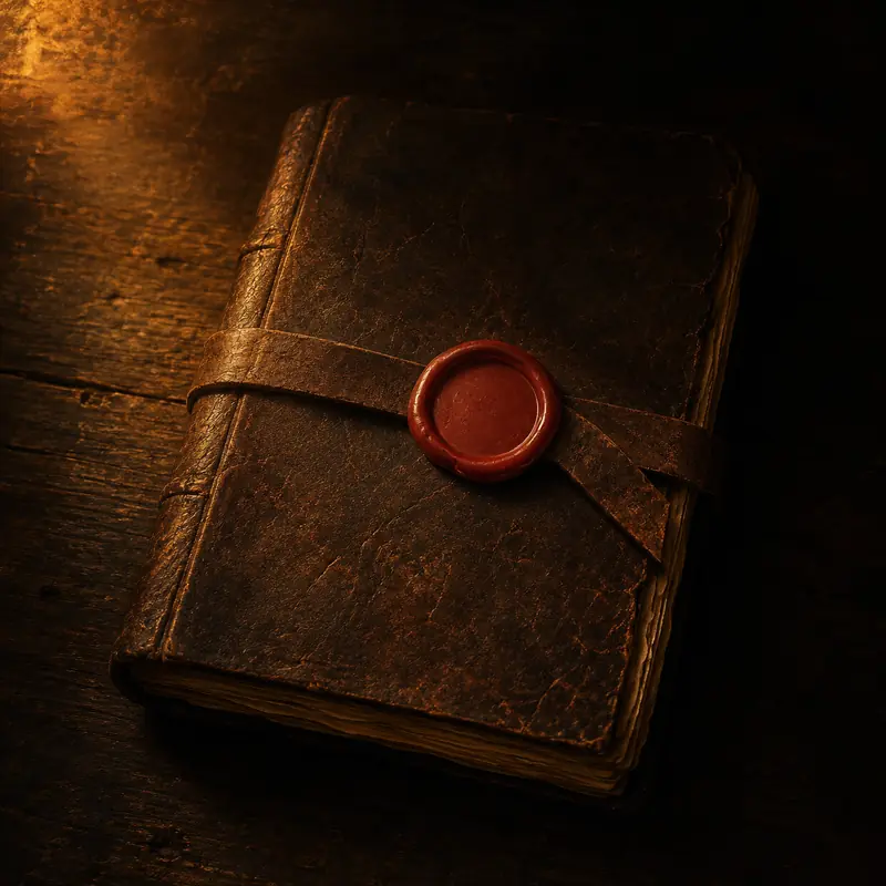 A leather journal bound shut with a strap and sealed with an unbroken oxblood wax seal — your story kept private