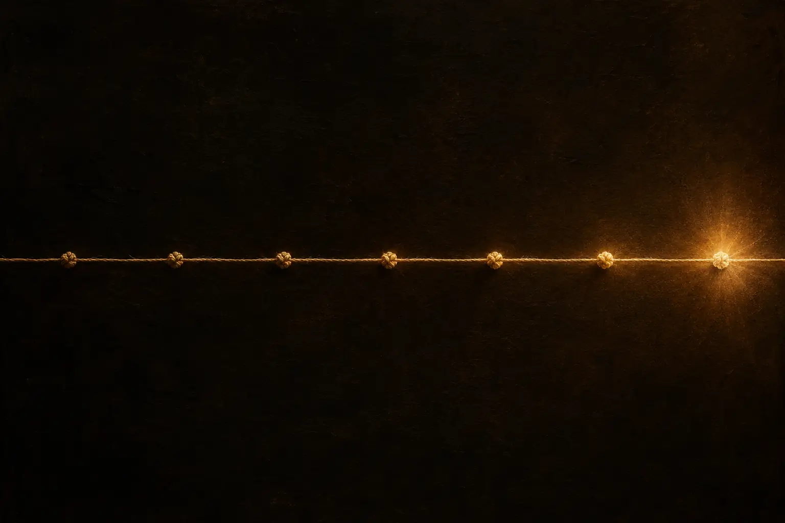 A golden thread stretched across darkness, tied with seven knots that glow brighter along its length, the last one blossoming into light
